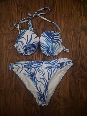 Breeza XL Blue Tropical Palm Print Bikini Set Push-Up Swim